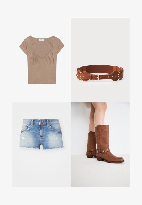 Bruine geribbelde crop top met een brede ronde hals, capmouwen en geraffineerde details onder de buste. Zachte textuur met een subtiele glans.; Lichtblauwe denimshorts met een versleten afwerking, rafelige zoom, vijf zakken en een enkele knoopsluiting aan de voorkant.; Bruine leren enkellaarzen met een lichtpuntige neus, decoratieve gespen en een lage, gestapelde hak. Glad oppervlak met een matte afwerking.; Bruine leren riem met elastisch gedeelte, gouden gesp en decoratieve studs. Bevat gebogen uiteindes en een gladde textuur.
