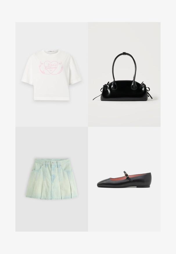 Witte cropped T-shirt met roze hart en chilipeper afbeelding en de tekst "Chica Caliente" gecentreerd op de borst.; Lichtblauwe jeansrok met een geplooid ontwerp, voorzien van een tailleband, sluiting met knopen aan de voorkant en twee zijzakken.; Zwarte leren platte schoen met een spitse neus en enkelband met een gouden gesp. Gladde textuur met een iets glanzende afwerking.; Kleine zwarte glanzende handtas met twee lange hengsels en zijkant trekkoord details op een effen lichte achtergrond.