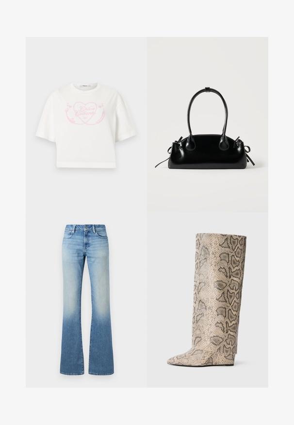 Witte cropped T-shirt met roze hart en chilipeper afbeelding en de tekst "Chica Caliente" gecentreerd op de borst.; Lichtblauwe spijkerbroek met een hoge taille en flare-pijpen, voorzien van voor- en achterzakken en een knoopsluiting.; Hoge, spitse laarzen in een beige en zwarte slangenprint. Gemaakt van gestructureerd synthetisch materiaal met een elegante, fijne afwerking.; Kleine zwarte glanzende handtas met twee lange hengsels en zijkant trekkoord details op een effen lichte achtergrond.