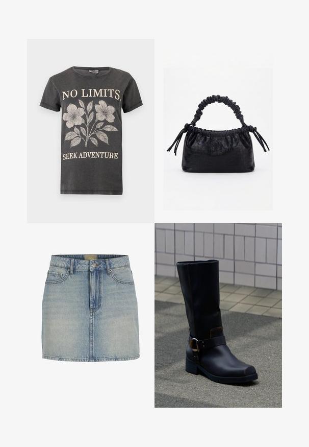 Camiseta gris oscuro con diseño floral claro y texto "NO LIMITS." encima de las flores y "SEEK ADVENTURE" debajo en la parte delantera.; Mini falda de mezclilla azul clara con una cintura ajustada, cierre de botón en la parte delantera, cinco bolsillos y un leve desgaste a lo largo de la tela.; Bota de cuero negra a media pantorrilla con tacón bajo y una correa decorativa con hebilla metálica, apoyada sobre una superficie pavimentada gris cerca de una pared alicatada.; Bolso negro con textura de cocodrilo, borde superior fruncido, asa recogida y cordones con borlas en cada lado sobre un fondo blanco.
