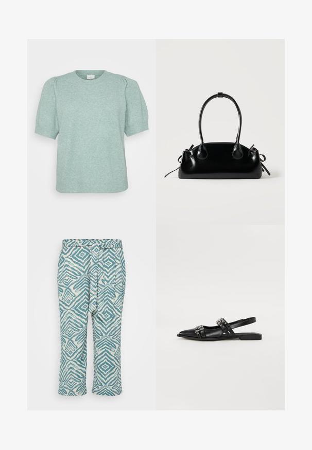 Mätová pletená sveter s krátkymi puff rukávmi a okrúhlym výstrihom. Mäkka textúra a uvoľnený strih. Jednoduchý dizajn bez viditeľných vzorov alebo akcentov.; Ľahké skrátené nohavice s geometrickým modro-bielym vzorom, s viazaným pásom a hladkou textúrou.; Even&Odd by Zalando Balerínky na šnúrky - black; Malá čierna lesklá kabelka s dvoma dlhými rúčkami a bočnými šnúrkovými detailmi na jednoduchom svetlom pozadí.