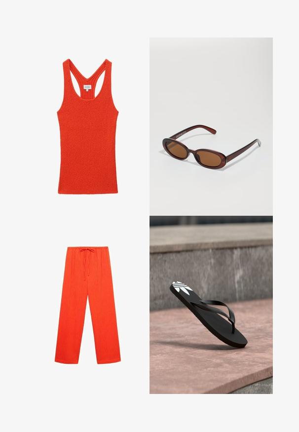 Camiseta sin mangas de punto acanalado en naranja brillante con diseño de espalda racer y escote redondo, mostrada plana sobre un fondo blanco.; Pantalones anchos rojos, hechos de un tejido texturizado con acanalado vertical y una cinturilla elástica con cordón para ajustarse.; Chancla negra de dedo con un logo blanco en la suela, flotando sobre una superficie de piedra rosa y un fondo de escalón de piedra gris.; Gafas de sol redondas con tinte marrón y un marco burdeos brillante. Patillas delgadas con un sutil detalle de marca. Diseño de lentes planos.