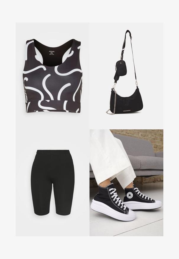 Monki Top - black/white; Schwarz Radshorts mit einem taillierten Design, elastischem Bund und glatter Textur. Die Länge reicht bis über das Knie. Keine sichtbaren Muster oder Verzierungen.; Schwarze High-Top-Sneaker mit weißen Gummisohlen und Schnürsenkeln. Verfügt über ein rundes Logo-Patch und kontrastierende weiße Nähte. Aus Canvas-Material.; Schwarze Nylon-Umhängetasche mit geschwungener Form, silbernem Kettenakzent, abnehmbarem Mini-Pouch und verstellbarem Trageriemen; mit "Steve Madden"-Logo.