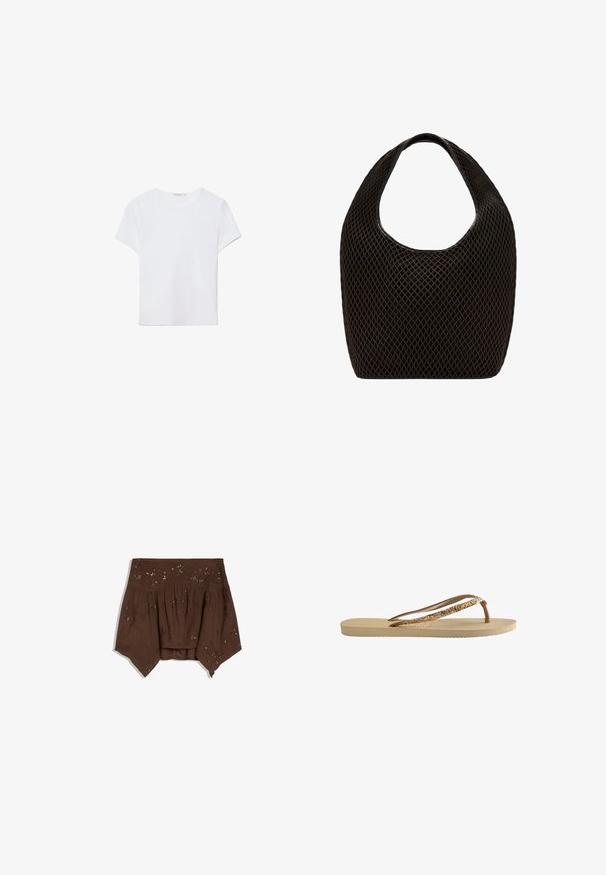 T-shirt blanc à manches courtes en tissu doux. Dispose d'un col rond et d'un design simple et épuré avec un ourlet droit.; Haut marron épaules dénudées avec ourlet asymétrique, tissu froncé et subtils ornements floraux en sequins.; Tongs avec une semelle texturée beige, de fines brides brunes et des accents en paillettes dorées. Design léger adapté à une utilisation décontractée.; Sac cabas noir en maille à tissage ouvert avec poignée supérieure arrondie et corps large et incurvé.
