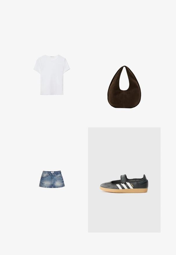 Hvid kortærmet t-shirt lavet af blødt stof. Har en rund halsudskæring og et simpelt, rent design med en lige underkant.; Denim mini nederdel i lyseblå vask, med en tætsiddende talje, forlommer og en svungen kant med let falming og færdige kanter.; Sort læder- og ruskinds sneakers med en Velcro-rem, der har tre hvide striber og en gummisål, mærket "SAMBA" på siden.; Mørkebrun ruskind skuldertaske formet som en halvmåne med en bred rem og glat tekstur på en hvid baggrund.