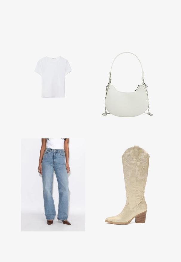 Witte T-shirt met korte mouwen, gemaakt van zachte stof. Heeft een ronde halslijn en een eenvoudig, strak ontwerp met een rechte zoom.; Vrouw draagt lichtblauwe high-waist rechte jeans, wit mouwloos topje en bruine puntige hakken, staand tegen een witte achtergrond.; Salinyang Cowboy-/Bikerlaarzen - goldfarben; Witte synthetische handtas met een gebogen vorm, voorzien van een kettingriem en een minimalistisch ontwerp. Vlotte textuur met zilveren hardware accenten.