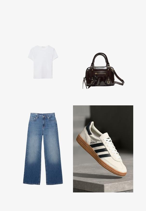 Weißes kurzärmliges T-Shirt aus weichem Stoff. Hat einen runden Halsausschnitt und ein einfaches, sauberes Design mit geradem Saum.; Blaue Jeans im Weitbein-Stil aus Denim mit vorderem Knopf und Reißverschluss, ausgestattet mit Front- und Gesäßtaschen sowie leichter Verwaschung an den Oberschenkeln.; Weiße Wildleder-Sneaker mit marineblauen Streifen, Gummisohle, strukturiertem Obermaterial, runder Zehenform und Schnürung; mit Branding an der Seite und auf der Zunge.; Braune Lackleder-Handtasche mit doppelten Griffen, abnehmbarem Schultergurt, vorderer Reißverschlusstasche und goldfarbene Hardware-Akzente.