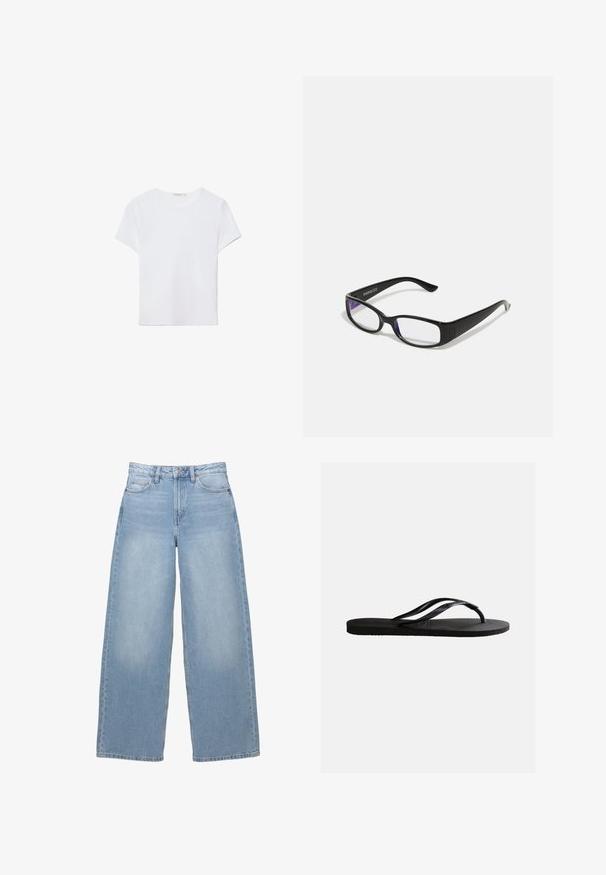 T-shirt blanc à manches courtes en tissu doux. Dispose d'un col rond et d'un design simple et épuré avec un ourlet droit.; Jean large bleu clair fabriqué en denim. Doté d'une taille haute, de poches avant et d'une fermeture à boutons. Texture lisse avec un léger délavage.; Sandale tong en caoutchouc noir avec semelle texturée et fines brides en Y sur un fond blanc uni.; Des lunettes rectangulaires noires avec des verres transparents. Fini brillant, branches étroites et teinte violette visible sur les bords des verres.