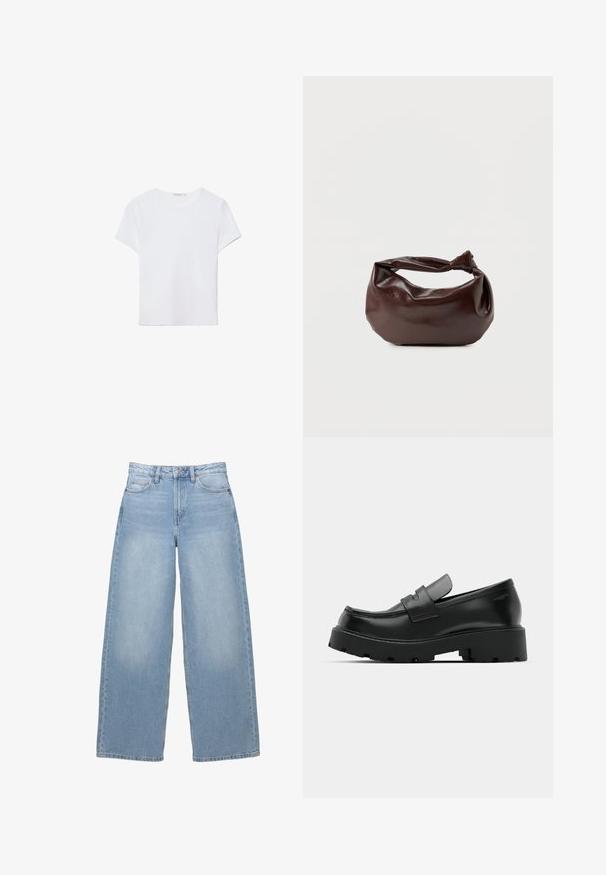 T-shirt blanc à manches courtes en tissu doux. Dispose d'un col rond et d'un design simple et épuré avec un ourlet droit.; Jean large bleu clair fabriqué en denim. Doté d'une taille haute, de poches avant et d'une fermeture à boutons. Texture lisse avec un léger délavage.; Mocassins en cuir noir avec une semelle épaisse et texturée, dotés d'une sangle sur le vamp et d'une finition lisse et polie.; Sac bandoulière en cuir marron foncé avec une forme souple et décontractée et une anse nouée torsadée sur un fond blanc uni.