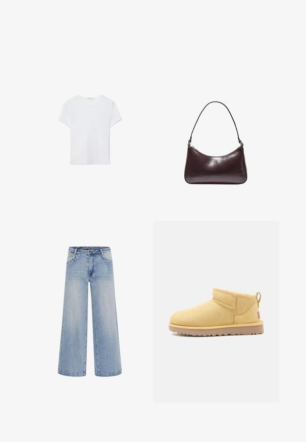 Hvid kortærmet t-shirt lavet af blødt stof. Har en rund halsudskæring og et simpelt, rent design med en lige underkant.; Lyseblå brede jeans med høj talje, fem lommer og kontrastsyninger. Fremstillet af denim med en glat tekstur.; Kort beige ruskind ankle boot med flad gummisål, syning og trækstrop bagpå mod en ensfarvet baggrund.; Brun skuldertaske i imiteret læder med en buet form, glat tekstur, kort rem og minimalistisk design. Har diskrete syningsdetaljer.