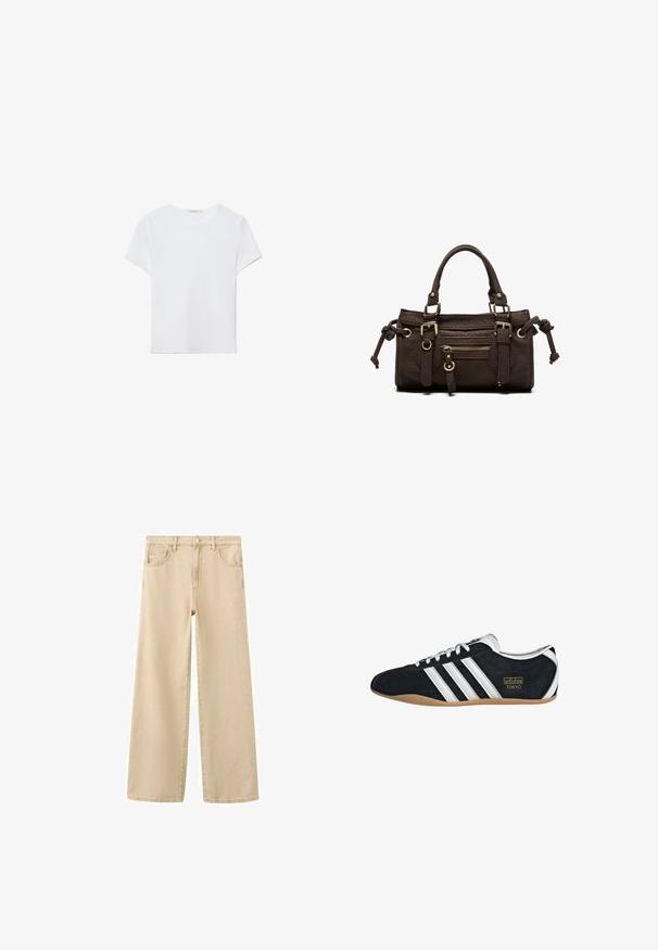 T-shirt blanc à manches courtes en tissu doux. Dispose d'un col rond et d'un design simple et épuré avec un ourlet droit.; Jean beige à jambes larges avec fermeture à bouton et zip à l'avant, passants pour ceinture et poches avant, présenté sur fond blanc.; Sneakers en suede noir avec trois bandes blanches, logo doré et semelle en caoutchouc marron. Présente un design à lacets à profil bas.; Sac à main en cuir marron foncé avec double poignée, poche avant zippée, boucles décoratives et nœuds latéraux sur fond blanc.