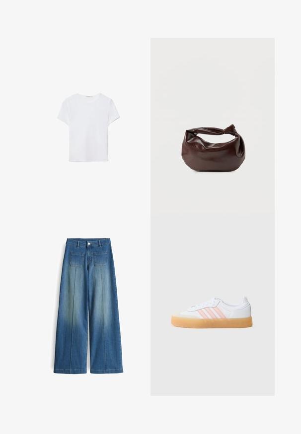 Weißes kurzärmliges T-Shirt aus weichem Stoff. Hat einen runden Halsausschnitt und ein einfaches, sauberes Design mit geradem Saum.; Weite, hellblaue Jeans mit einem verwaschenen Look, zwei Gesäßtaschen und einem glatten Finish. Verfügt über einen klassischen Knopf- und Reißverschluss.; Weiße Turnschuhe mit pinken Streifen, Gummisohle und Wildleder-Zehenkappe. Mit Schnürverschluss und strukturierten Materialien am Obermaterial.; Dunkelbraune Lederschultertasche mit weicher, lockerer Form und einem gedrehten Knotengriff vor schlichtem weißem Hintergrund.