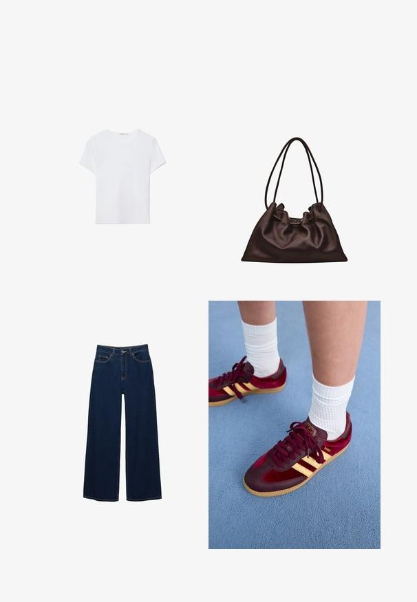 Hvid kortærmet t-shirt lavet af blødt stof. Har en rund halsudskæring og et simpelt, rent design med en lige underkant.; Mørkeblå vidde jeans i denim; har forlommer og knaplukning; fremtrædende syninger langs sømmene; ingen mønstre eller udsmykninger.; Bordeaux ruskind og læder sneakers med gule striber og gummisål. Hvide ribbede sokker synlige over anklen, placeret på en blå struktureret overflade.; Blød mørkebrun læderhåndtaske med en slasket form og to tynde skulderstropper mod en hvid baggrund.