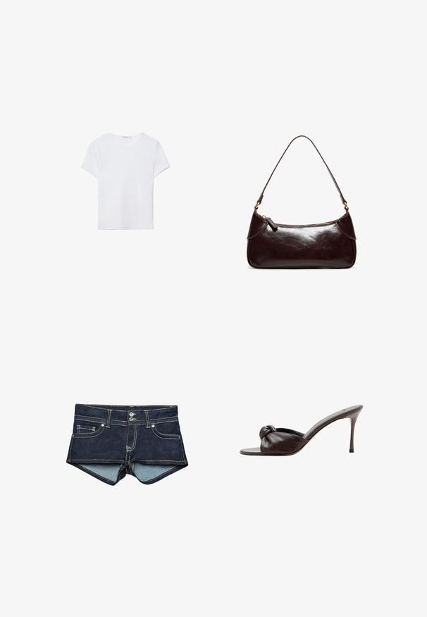 Hvid kortærmet t-shirt lavet af blødt stof. Har en rund halsudskæring og et simpelt, rent design med en lige underkant.; Denim shorts i mørkeblå med lyseblå indvendig foring, med forlommer, to knapper og kontrastsyning på taljen.; Mørkebrunt læder højhælet mule med åben tå og knudedetalje på den forreste rem.; Mørkebrun skuldertaske i læder med en enkelt rem og lynlås, rektangulær form med afrundede kanter på hvid baggrund.