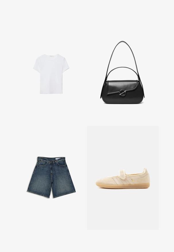 T-shirt blanc à manches courtes en tissu doux. Dispose d'un col rond et d'un design simple et épuré avec un ourlet droit.; Short en jean bleu foncé avec poches avant, passants de ceinture et fermeture par bouton, posé à plat sur fond blanc.; Baskets Mary Jane en daim beige avec sangle auto-agrippante, semelle en gomme, trois bandes cousues et marquage doré "SAMBA" sur le côté.; Sac à bandoulière en cuir noir avec un rabat incurvé fermé par un fermoir métallique rond et une sangle fine et ajustable.