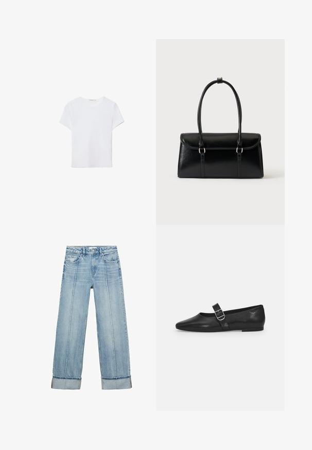 Weißes kurzärmliges T-Shirt aus weichem Stoff. Hat einen runden Halsausschnitt und ein einfaches, sauberes Design mit geradem Saum.; Hellblaue Denim-Jeans im weiten Schnitt mit hoher Taille, ausgestattet mit fünf Taschen, sichtbaren Nähten und umgeschlagenen Säumen an den Bündchen.; Schwarzer Lederflatschuh mit runder Zehenform, einem verstellbaren Schnallenriemen und einer glatten, glänzenden Oberfläche. Minimalistisches Design mit einem niedrigen Absatz.; Schwarze, rechteckige Lederhandtasche mit Klappverschluss und zwei langen Griffen vor weißem Hintergrund.