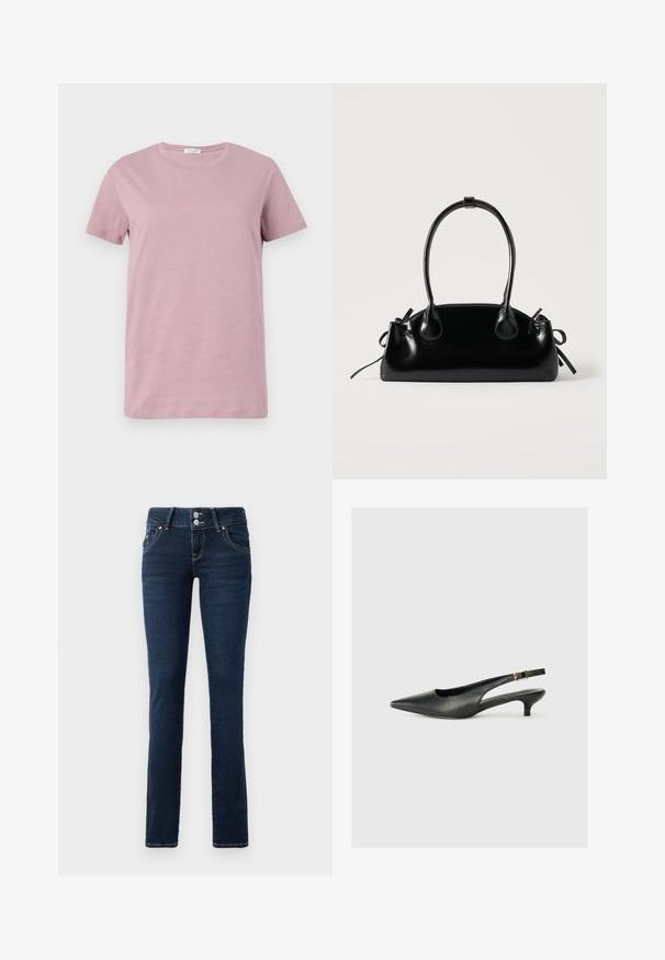 Roze katoenen T-shirt met korte mouwen, ronde halslijn en een ontspannen pasvorm. Gladde textuur, minimalistisch ontwerp, geen zichtbare patronen of accenten.; Donkerblauwe skinny jeans met dubbele knoopsluiting, voorzakken en gele stiksel op een witte achtergrond.; Zwarte puntschoen met slingback van soepel leer. Kenmerkt zich door een dunne hak en een gespdetail op de verstelbare band.; Kleine zwarte glanzende handtas met twee lange hengsels en zijkant trekkoord details op een effen lichte achtergrond.