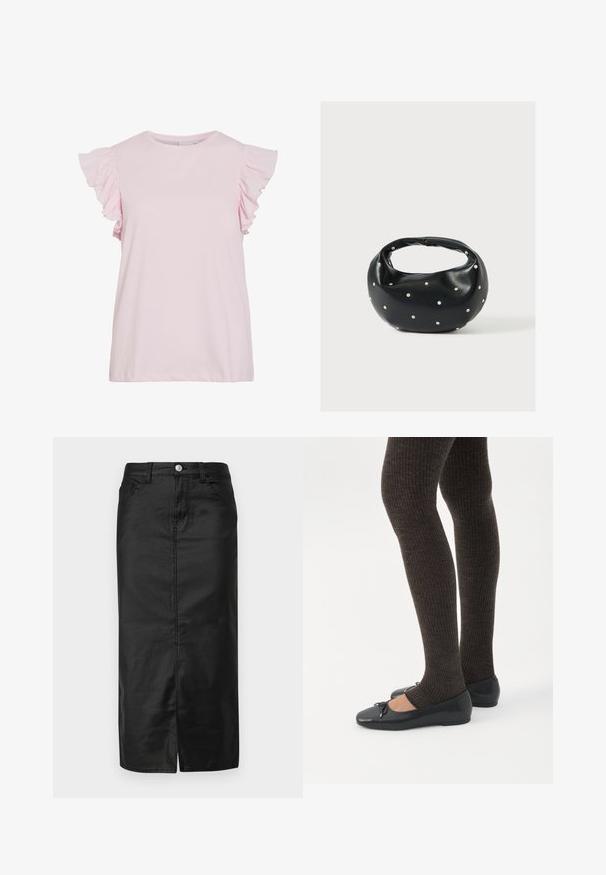 Haut rose clair à manches courtes avec des accents froncés aux épaules. Tissu en coton lisse, décolleté rond et coupe décontractée avec un ourlet droit.; Jupe midi en denim noir avec fente avant, design à cinq poches et fermeture à bouton en métal. Texture lisse et forme classique droite.; Jambes portant des leggings côtelés foncés associés à des ballerines noires avec de petits détails en nœud sur fond blanc.; Sac à main en cuir noir de forme arrondie, décoré de clous argentés et équipé d'une poignée courte. Texture lisse et fermeture éclair.