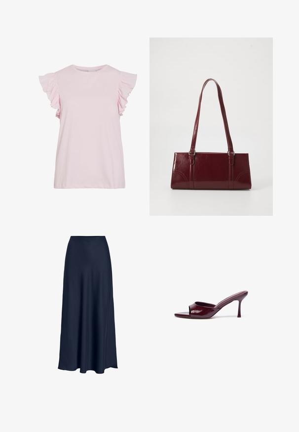 Haut rose clair à manches courtes avec des accents froncés aux épaules. Tissu en coton lisse, décolleté rond et coupe décontractée avec un ourlet droit.; Jupe maxi en satin bleu marine avec une texture lisse, taille haute et silhouette fluide. Se termine par une légère courbe à l'ourlet.; Sandales à glissière ouvertes en cuir verni bourgogne avec une forme courbée et un talon aiguille fin. Texture lisse avec un minimum de détails.; Sac à main bordeaux en matériau brillant, de forme rectangulaire, avec deux anses et des accents légèrement courbés à l'avant.