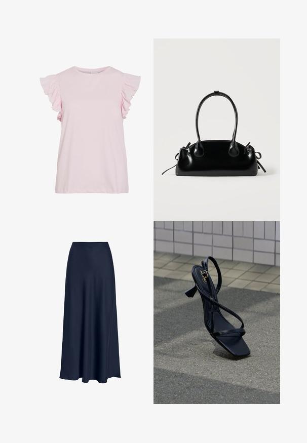 Haut rose clair à manches courtes avec des accents froncés aux épaules. Tissu en coton lisse, décolleté rond et coupe décontractée avec un ourlet droit.; Jupe maxi en satin bleu marine avec une texture lisse, taille haute et silhouette fluide. Se termine par une légère courbe à l'ourlet.; Sandale noire à talon avec un bout carré, dotée de fines lanières et d'un petit talon bloc. Matière lisse et brillante avec un accent doré.; Petit sac à main noir brillant avec deux longues anses et des détails à cordon sur les côtés sur un fond clair uni.