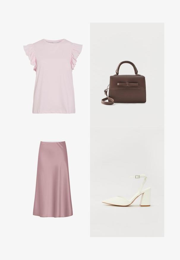 Top de manga corta rosa claro con detalles de volantes en los hombros. Material de algodón suave, escote redondo y un corte relajado con dobladillo recto.; Falda midi de satén rosa suave con una silueta en línea A y una tela lisa y fluida.; Sandalia blanca de tacón con puntera afilada, correa ajustable en el tobillo y un tacón cuadrado grueso. Textura lisa con detalles de costura mínimos.; Pequeño bolso de mano de cuero marrón con asa superior, correa de hombro desmontable y solapa frontal acentuada por un detalle de tira de cuero horizontal.