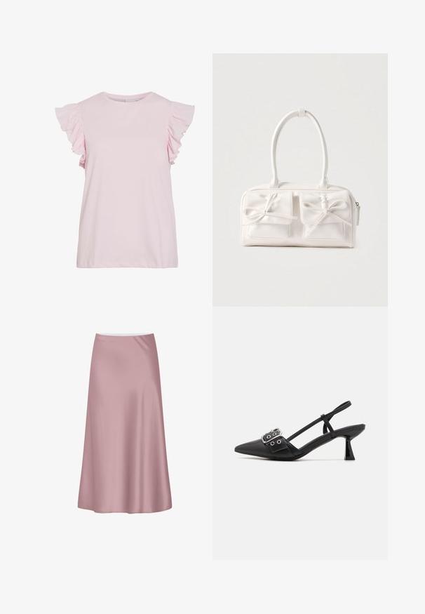 Top de manga corta rosa claro con detalles de volantes en los hombros. Material de algodón suave, escote redondo y un corte relajado con dobladillo recto.; Falda midi de satén rosa suave con una silueta en línea A y una tela lisa y fluida.; Simmi London DALA - Tacones - black; Bolso sintético blanco con dos bolsillos delanteros, cada uno con un detalle de lazo atado. Textura suave, asas redondeadas y cierre de cremallera.