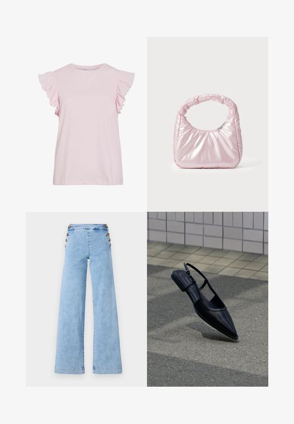 Haut rose clair à manches courtes avec des accents froncés aux épaules. Tissu en coton lisse, décolleté rond et coupe décontractée avec un ourlet droit.; Jean large en denim bleu clair à taille haute, avec des accents de boutons en métal sur les côtés et une texture lisse légèrement vieillie.; Chaussure plate noire à bout pointu avec bride arrière, flottant au-dessus d'une surface en bitume à côté d'un trottoir carrelé.; Sac à main rose rembourré avec un design arrondi, fabriqué à partir d'un matériau brillant. Dispose d'une poignée froncée et d'une fermeture éclair pour un accès sécurisé.