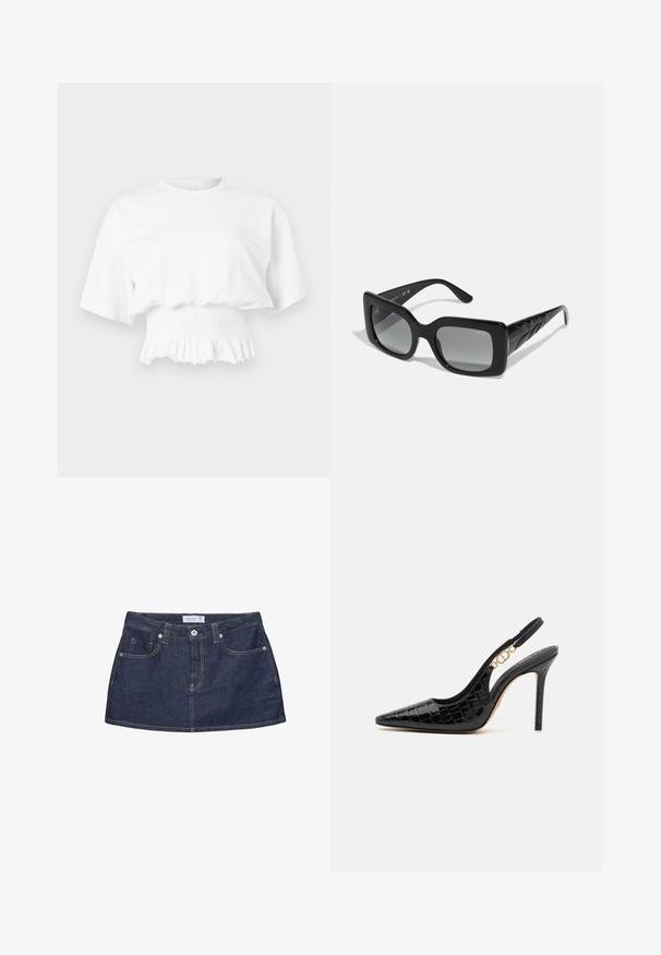 Hvid cropped top med korte ærmer, brede ærmer og smockdetalje i taljen med en flæsekant, vist mod en lys baggrund.; Mørkeblå denim mininederdel med frontknapper, lommer, bæltestropper og synlige orange syninger på hvid baggrund.; Sorte laklæder slingback hæle med spids tå, krokodilleskindsstruktur og en gylden kædeaccent på hælen. Stiletto-design.; Sorte rektangulære solbriller med grå gradientlinser. Glansfuld plastikramme, med teksturerede sorte templer og diskret logo-detaljering.