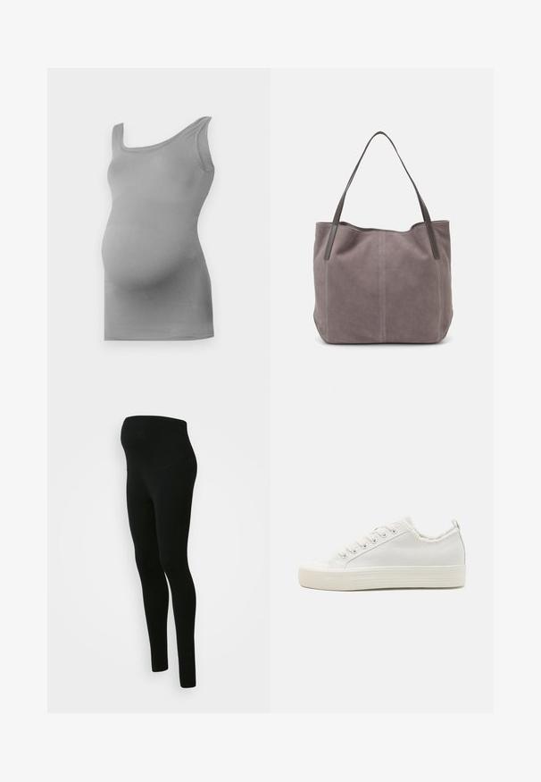 Débardeur de maternité gris en tissu lisse et extensible. Il dispose d'une large bretelle et d'un design ajusté mettant en valeur un ventre arrondi.; Leggings de maternité noirs avec une taille haute et un soutien optimal, texture lisse, design ajusté, sans motifs ni embellissements visibles.; Baskets en toile blanches avec une tige texturée, bout rond, semelle plate et laçage à l'avant. Présentent un col légèrement effiloché et une languette.; Sac fourre-tout en suédine grise avec deux poignées en cuir foncé. Présente des coutures sur les côtés, une texture douce et une ouverture spacieuse.