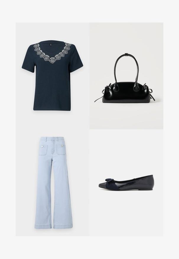 T-shirt bleu marine à manches courtes et col en V. Caractérisé par un motif géométrique brodé blanc autour de l'encolure. Tissu texturé.; Jean large en denim bleu clair, avec une taille haute, de grandes poches avant et des accents métalliques sur les poches arrière.; Ballerines navy avec une finition laquée brillante et un détail en suède texturé en forme de nœud sur le bout, présentant un bout rond et une semelle plate.; Petit sac à main noir brillant avec deux longues anses et des détails à cordon sur les côtés sur un fond clair uni.