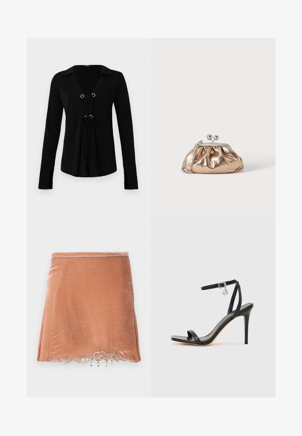 Sort langærmet skjorte med V-hals, gyldne øskner og justerbare snore foran. Lavet af blødt stof med en glat tekstur.; Rabanne Mini skirts - pink; Sort hæl-sandal med smal ankrem, firkantet tå-boks, glat lædermateriale og metalspænde som pynt.; Lille gylden metalisk clutch taske med sølvspænde og kæderem på ensartet lyst baggrund.