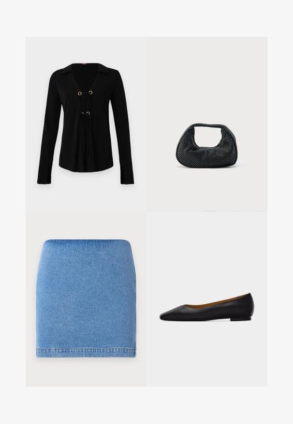 Camisa negra de manga larga con escote en V, ojales dorados y lazos ajustables en la parte delantera. Fabricada con una tela suave y de textura lisa.; Minifalda de mezclilla en azul claro con un diseño ajustado, dobladillo recto y una textura sutil. Sin cierres ni bolsillos visibles.; Zapato plano de punta puntiaguda de cuero negro con tacón bajo y acabado liso, mostrado de perfil sobre un fondo gris claro.; Bolso hobo tejido negro con estructura suave y asa integrada, exhibido sobre un fondo liso y claro.