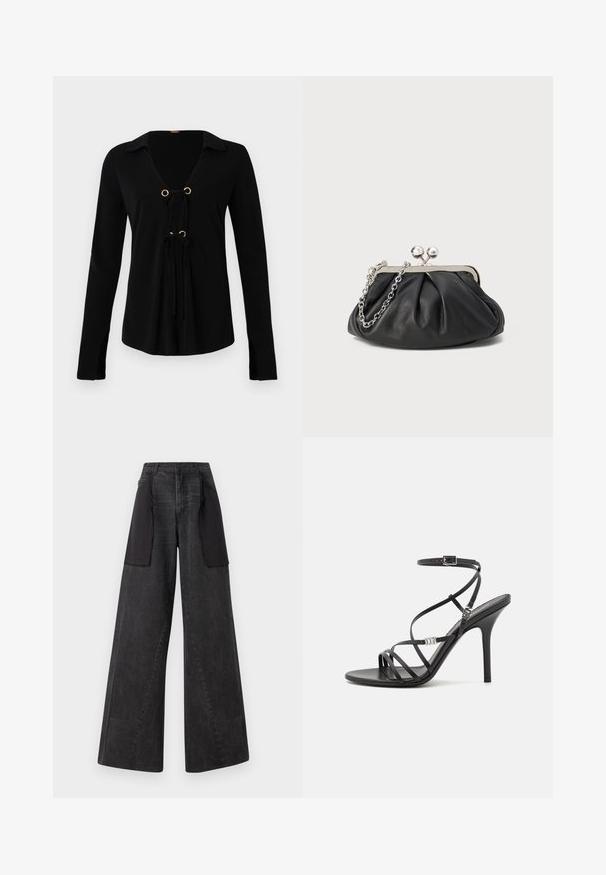 Black long-sleeve shirt with a V-neck, gold grommets, and adjustable ties at the front. Made of soft fabric with a smooth texture.; Wide-leg jeans made of dark denim with black fabric panels on the sides, featuring a high waist and visible stitching details.; Black high-heeled sandal with thin straps, an ankle buckle, a smooth leather surface, and a slender stiletto heel.; Black leather clutch with gathered texture, silver-tone metal frame, kiss-lock closure, and chain strap. Smooth, soft surface.