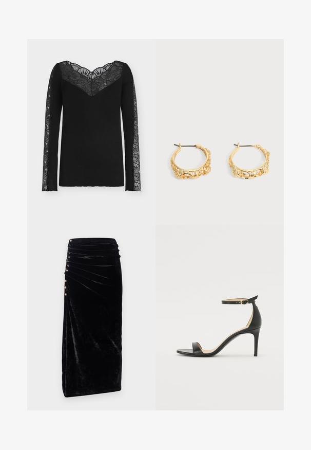 Sort, ribbet langærmet top med blomsterblonde V-udskæring og blondepaneler, der løber ned langs begge ærmer.; Rabanne Pencil skirt - black; Sort læder højhælede sandaler med ankelrem. Har en glat tekstur, åben tå og en tynd hæl. Guldtonet spænde detalje.; Par af øreringe i guldfarve med udsmykket blomster- og bladprægning på en neutral baggrund.