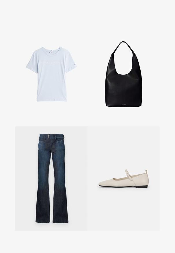 Lys blå bomuld t-shirt med rund hals, der har hvid "TOMMY HILFIGER EST. 1985" tekst på forsiden og et lille logoelement på ærmet.; Mørkeblå denim jeans med høj talje, dobbelt knaplukning, forreste stiklommer og udvidede ben.; Hvide ballerinasko i læder med spids tå, ankelsnor og lav sort hæl. Glat tekstur med minimale detaljer.; Sort læder shoppertaske med en bred enkelt skulderrem og et subtilt Calvin Klein-logo nederst i midten.