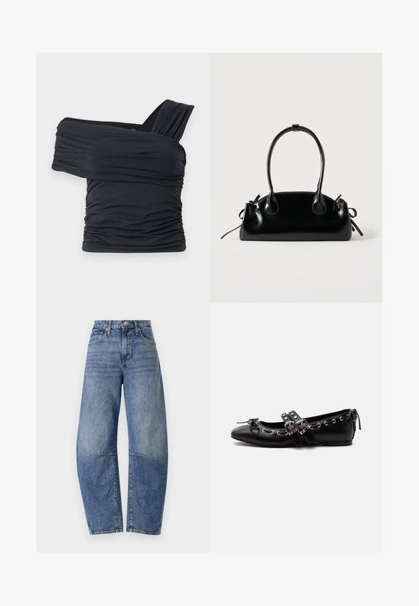 Zwarte off-shoulder top gemaakt van zachte, rekbare stof, met gerimpelde details en een bredere bandontwerp aan één kant.; Hoge taille blauwe denim jeans met een relaxte pasvorm, voorzien van een klassieke vijfzakkenontwerp en zichtbare stiksels langs de naden.; Zwarte platte balletschoen met dubbele gespsluitingen, zilveren oogjes en een klein strikje nabij de afgeronde neus op een witte achtergrond.; Kleine zwarte glanzende handtas met twee lange hengsels en zijkant trekkoord details op een effen lichte achtergrond.