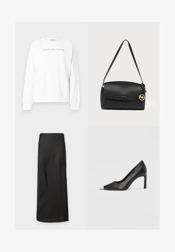 Witte sweatshirt met lange mouwen, met het geperste "MICHAEL KORS" logo op de voorkant. Gemaakt van zachte katoenen stof. Klassiek crewneck ontwerp.; Zwarte maxi rok van glad, lichtgewicht stof. Heeft een rechte silhouet met een elastische tailleband en geen zichtbare patronen of versieringen.; Zwarte leren hoge hak met een spits toelopende neus en een metalen zilverkleurige kap. Heeft een gladde afwerking en een slanke hak van 10 cm.; Zwarte leren schoudertas met klep, gouden Michael Kors logo-hanger en verstelbare band op een effen lichte achtergrond.
