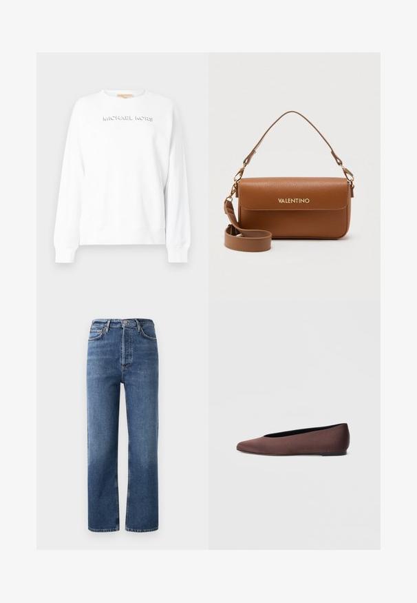 Biela mikina s dlhými rukávmi, s vyrazeným logom "MICHAEL KORS" na prednej strane. Vyrobená z mäkkej bavlnenej látky. Klasický dizajn s okrúhlym výstrihom.; Vysoké modré džínsy vyrobené z denimu, s rovnými nohavicami, piatimi vreckami a hardvérom v medených odtieňoch. Hladká textúra a klasický dizajn.; Hnedé baletné baleríny z tkaniny so zašpicatenou špičkou a hladkou textúrou, s nízkym chrbtom a tenkou čiernou podrážkou. Bez viditeľných vzorov alebo kovania.; Hnedá kožená kabelka Valentino s textúrou, so sťahovacím remienkom a zlatým logom na prednom prepínacom klape.