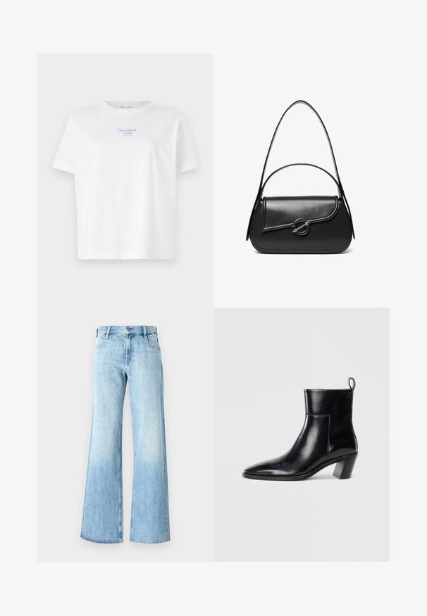 Hvid bomulds-T-shirt med rund hals, korte ærmer, der har teksten "IS KREME TAK" trykt i blå ovenfor en enkel tegning af en isvaffel.; Lyseblå denim flare jeans med høj talje, klassisk fem-lomme design og knaplukning, samt en let falmning nær kanten.; Sort læder ankelstøvle med spids tå, geometrisk stablet hæl og en løftestrop bagpå. Glat tekstur og slankt design.; Sort skuldertaske i læder med en buet klap, der er fastgjort med en rund metal spænde, og en slank, justerbar rem.