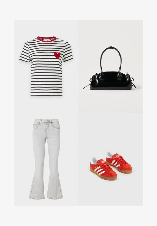 Gestreepte T-shirt met navy en witte horizontale strepen, een rode kraag en een textuur hart appliqué in het rood op de linkerborst.; Lichtgrijze flared jeans met een klassiek vijfzakkenontwerp, slim fit door de dij en een uitlopende pijp bij de enkels.; Rode suède sneakers met witte strepen, rubberen gumzool, gewatteerde kraag en logo op de tong. Klassiek ontwerp met textuur op de bovenkant.; Kleine zwarte glanzende handtas met twee lange hengsels en zijkant trekkoord details op een effen lichte achtergrond.