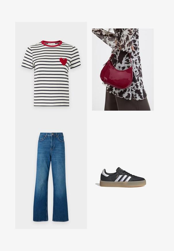 Stripet T-shirt med marineblå og hvide vandrette striber, en rød krave og en tekstureret rød hjerteapplikation på venstre bryst.; Bredde ben blå denim jeans med høj talje, lys falmning og klassisk fem-lomme design; har guldfarvet metal hardware og stikninger i kanten.; Sort læder atletiksko med tre sølvstriber, en struktureret tå og en gummisål. Har en polstret krave og snørebåndsdesign.; Kvinde iført en sort- og hvidmønstret bluse, der holder en blank rød skuldertaske mod en ensfarvet baggrund.