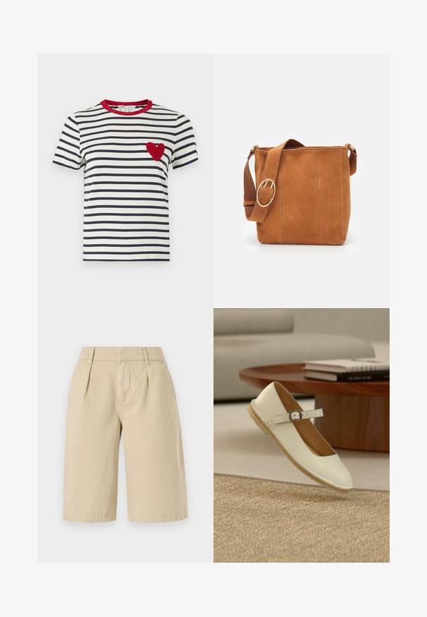 Gestreepte T-shirt met navy en witte horizontale strepen, een rode kraag en een textuur hart appliqué in het rood op de linkerborst.; Beige katoenen shorts met een relaxed fit, voorzien van voorplooien en zijzakken, die net boven de knieën eindigen met een nette zoom.; Crèmekleurige Mary Jane-schoen met gesp en beige zool zweeft boven een geweven kleed, met een houten tafel en boeken op de achtergrond.; Camel-kleurige suede handtas met een platte, rechthoekige vorm, voorzien van een brede leren schouderriem en een grote, ronde metalen gespsluiting.
