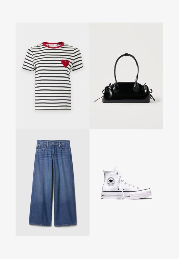 Gestreiftes T-Shirt mit blauen und weißen horizontalen Streifen, einem roten Kragen und einer strukturierten roten Herzapplikation auf der linken Brust.; Weit geschnittene Jeans aus mittlerem Blau mit hoher Taille, fünf Taschen und Ziernähten. Glatte Textur, schlichtes Finish.; Weißer Converse Chuck Taylor All Star High-Top-Sneaker mit schwarzen Streifen und Logo-Patch an der Seite, präsentiert vor einem schlichten weißen Hintergrund.; Kleine schwarze glänzende Handtasche mit zwei langen Griffen und seitlichen Kordelzug-Details vor einfachem hellem Hintergrund.
