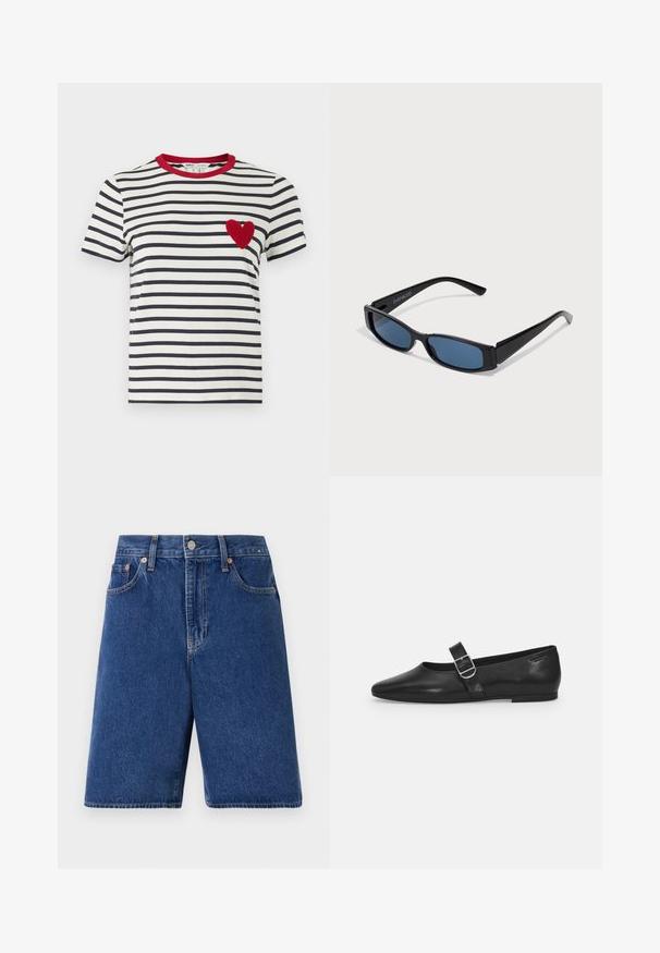 Gestreepte T-shirt met navy en witte horizontale strepen, een rode kraag en een textuur hart appliqué in het rood op de linkerborst.; Donkerblauwe denim shorts met een klassieke pasvorm, vijf-pocket ontwerp en oranje stiksel. Afgewerkt met een knoop en rits aan de voorkant.; Zwarte leren platte schoen met een ronde neus, een enkele verstelbare gespsluiting en een gladde, glanzende textuur. Minimalistisch ontwerp met een lage hak.; Zwarte zonnebril met een slank rechthoekig frame en blauwe lenzen. Heeft een gladde textuur en stevige pootjes. Merklogo aan de zijkant.