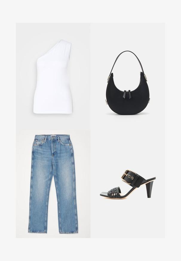 Asymmetrisk hvid tanktop med design til den ene skulder, lavet af glat stof, der har en tætsiddende silhuet og rene kanter.; RE/DONE HIGH RISE - Jeans Straight Leg - worn blue; Sort højhælet sandal med flettet frontrem og bred ankelrem med stor guldbøjle på hvid baggrund.; Sort lædertaske med en buet form, top lynlås lukning og to små dekorative løkker. Hardware i sølvfarvet tone.
