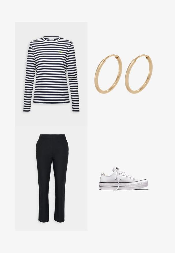 Camiseta de manga larga con rayas horizontales en azul marino y blanco, cuello redondo y logo de cocodrilo verde bordado en el pecho.; Pantalones negros ajustados con pierna recta, hechos de una tela suave. Presentan una cinturilla sin cierres visibles ni bolsillos.; Zapatilla blanca de lona de corte bajo con cordones blancos, suela de goma, detalles de rayas negras y parche de logo en la lengüeta y el talón.; Pendientes de aro de oro con un acabado suave y pulido. Forma redondeada, tamaño mediano, con un mecanismo de cierre seguro.