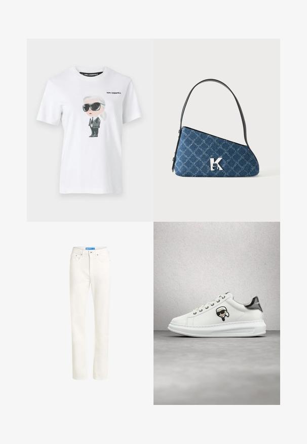 T-shirt en coton blanc avec une illustration graphique d'un personnage portant des lunettes de soleil noires et un costume. L'étiquette indique "KARL LAGERFELD."; Jean en denim beige clair avec une coupe droite, design à cinq poches, fermeture à bouton à l'avant et détails cousus le long des coutures.; Sneaker blanche Karl Lagerfeld avec un laçage front, patch logo noir et beige, et languette de talon argent métallique, flottant au-dessus d'un sol gris.; Sac à bandoulière en denim matelassé bleu avec une sangle noire et un logo « K » argenté à l'avant, présenté sur un fond blanc uni.