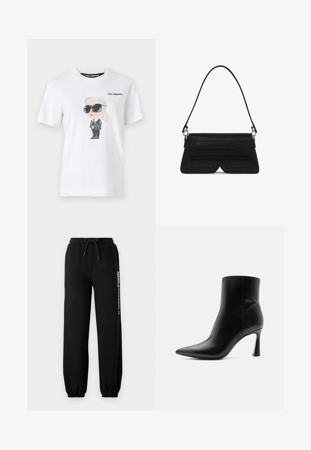 Camiseta blanca de algodón con una ilustración gráfica de un personaje con gafas de sol negras y un traje. La etiqueta dice "KARL LAGERFELD."; Pantalones de chándal negros con cinturilla elástica, cordón ajustable y puños ceñidos. Presenta un logo blanco impreso en el lado izquierdo.; Botín de cuero negro con punta puntiaguda y tacón stiletto alto y delgado, mostrado de perfil sobre un fondo blanco.; Bolso de hombro negro con forma de trapecio, con solapa, logo en relieve en el frente y una sola correa delgada unida por anillas plateadas.