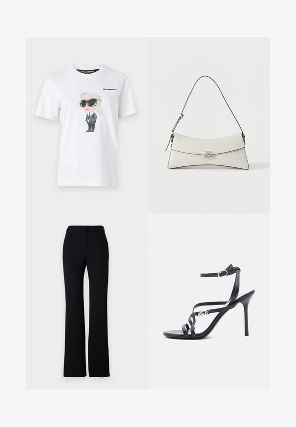Weißes Baumwoll-T-Shirt mit einer grafischen Illustration einer Figur in schwarzen Sonnenbrillen und einem Anzug. Das Etikett trägt die Aufschrift "KARL LAGERFELD."; Schwarze Hose mit geradem Schnitt, glatter Textur und einem Bund mit einem einzelnen Knopfverschluss. Keine sichtbaren Muster oder Akzente.; Schwarze Sandalette mit hohem Absatz, dünnen Riemen, einem Schnallenverschluss am Knöchel und einem Metall-Logodetail am seitlichen Riemen, vor weißem Hintergrund.; Weiße Lederschultertasche mit geschwungenem Überschlag, schwarzer Kante, verstellbarem Riemen und silberner dekorativer Schnalle auf schlichtem Hintergrund.