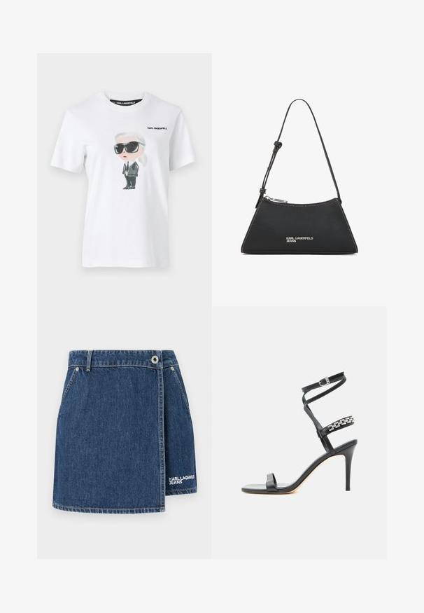 Hvid bomulds t-shirt med en grafisk illustration af en karakter i sorte solbriller og jakkesæt. Mærket siger "KARL LAGERFELD."; Denim nederdel i mørkeblå med indpakningsdesign, sølvhardware og hvid "KARL LAGERFELD JEANS" logo broderi ved kanten.; Sort højhælet sandal med tynd ankelrem, midtfodsrem dekoreret med sølvkædeled og åben tå-design.; Sort læderhandtaske med trekantet form, der har en sølvlynlås, hvidt syning og et "KARL LAGERFELD JEANS" logo foran.
